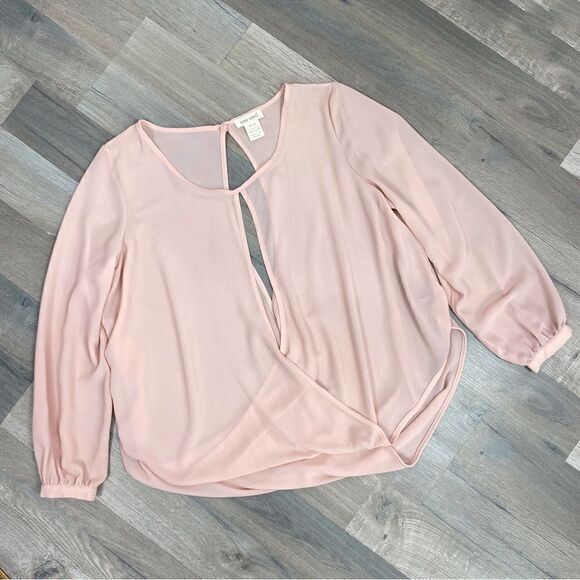 Sans Souci Sheer Split Front Surplus Blouse Blush Pink Small - Picture 11 of 13